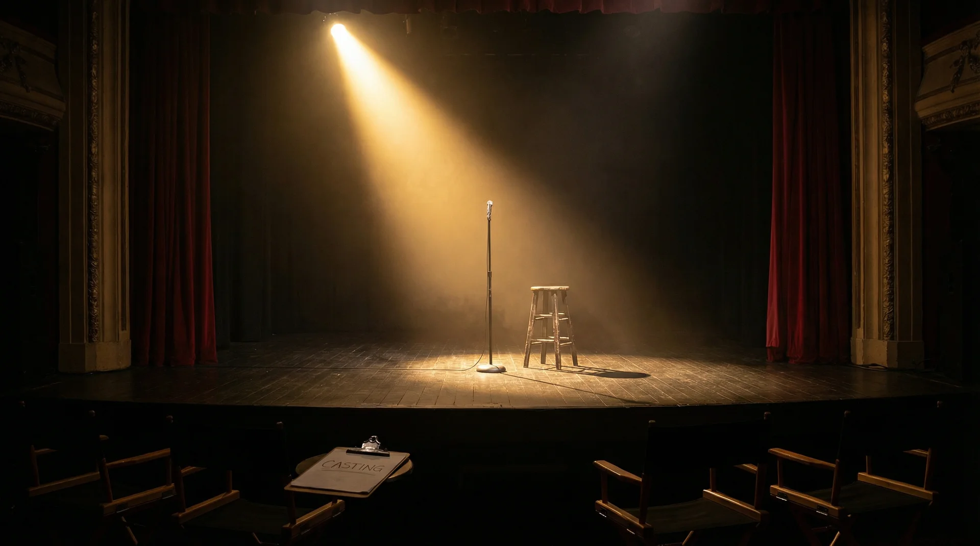17c苹果版 选角现场，聚光灯下的空舞台等待演员登场